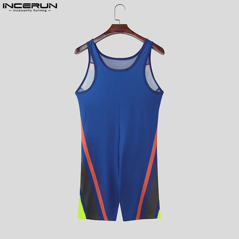 INCERUN Men's Bodysuits Mesh Patchwork Color-block O-neck Sleeveless Male Rompers Playsuits Workout See Through Bodysuit For Man