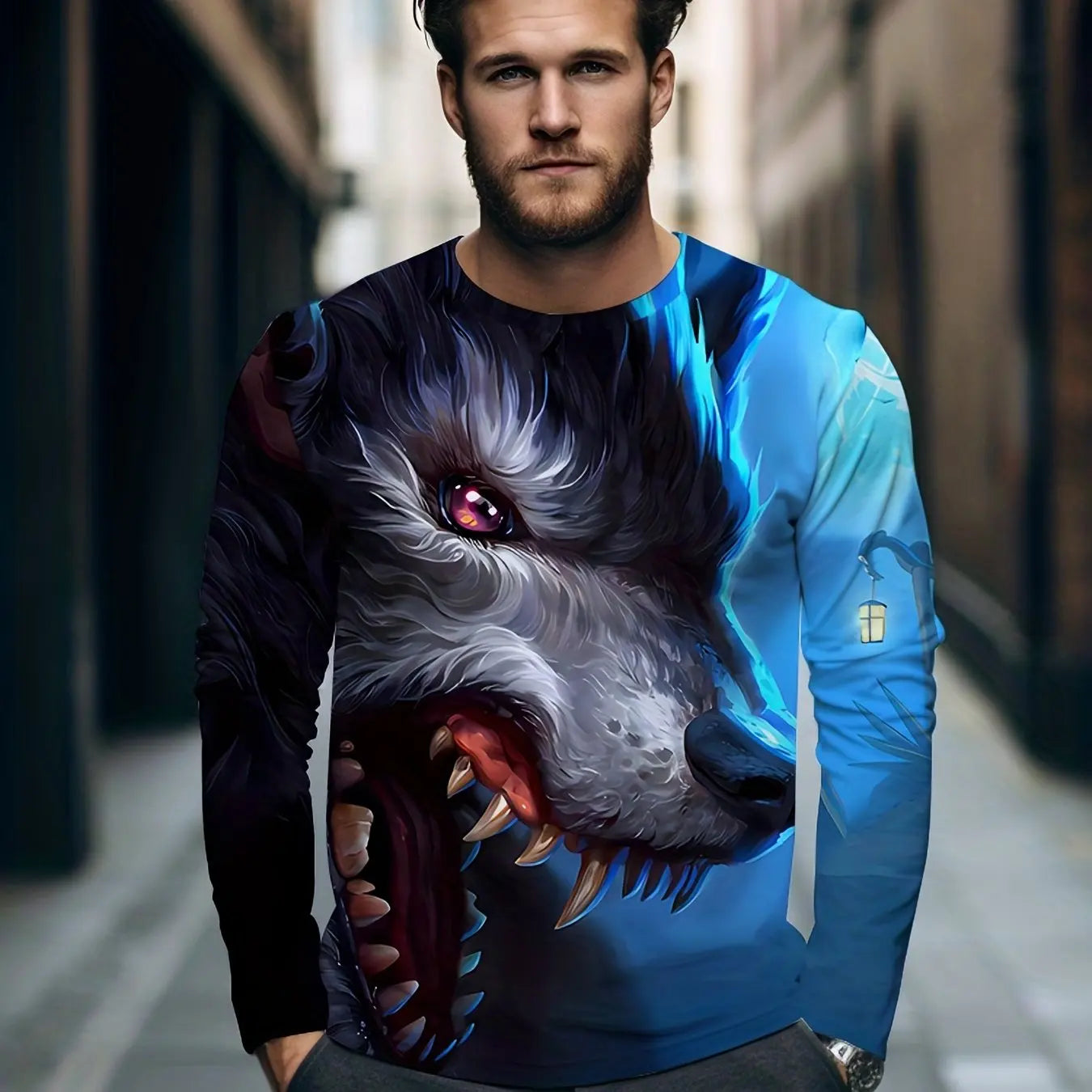 2024 new men's Ukiyoe long-sleeved T-shirt 3d printed high-definition wolf print men's autumn top casual round neck T-shirt