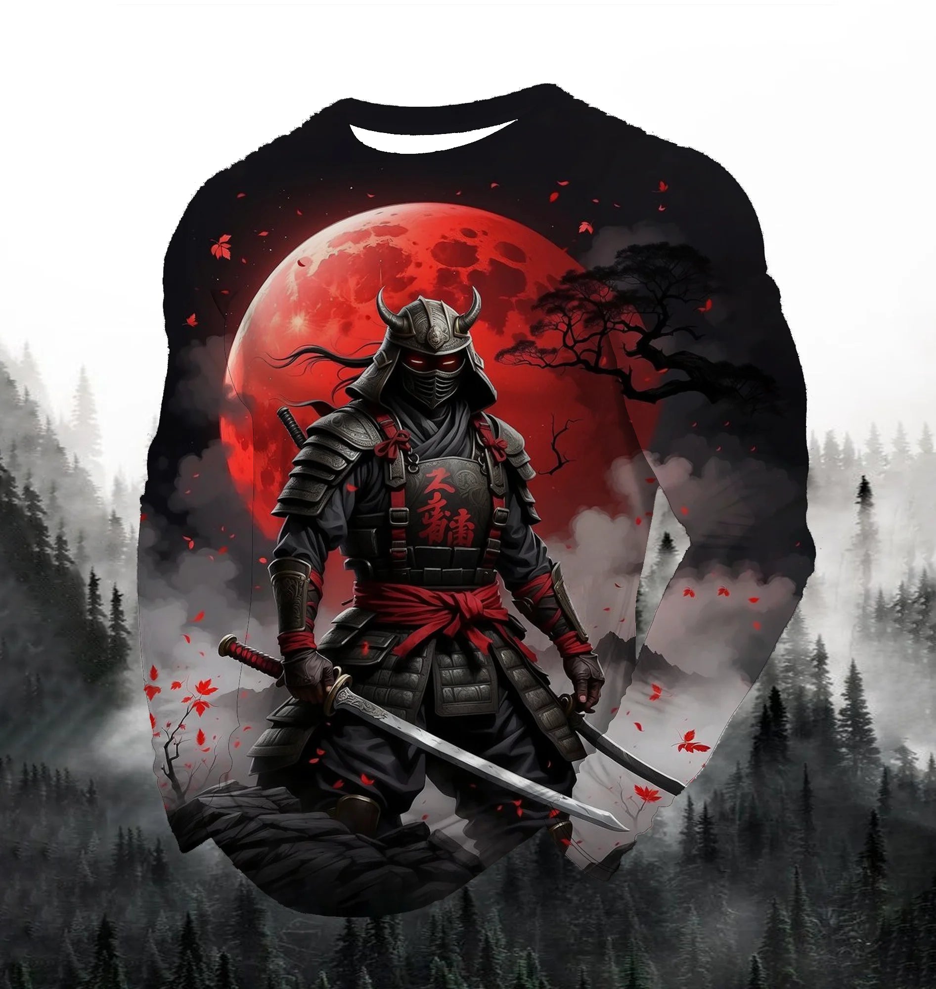 2024 Men's Fashion Printed Round Neck Long Sleeve Autumn Sports Leisure Pullover Men's 3D Japanese Samurai Printed Loose Tops