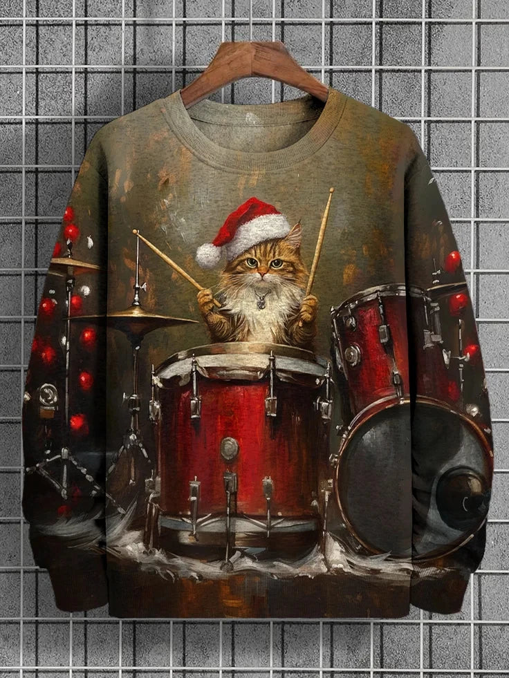 Men's Winter Skiing Animal Kitten Printed Casual Sweatshirt Fashion Round Neck Pullover Sweatshirt Polyester Fabric 2025 New