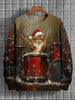 Men's Winter Skiing Animal Kitten Printed Casual Sweatshirt Fashion Round Neck Pullover Sweatshirt Polyester Fabric 2025 New