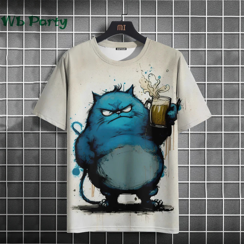 Cat Print T-shirts for Men Casual Short Sleeved Tee Oversized Mens Clothing Men's Funny T-shirt Animal Print Graphic T shirts