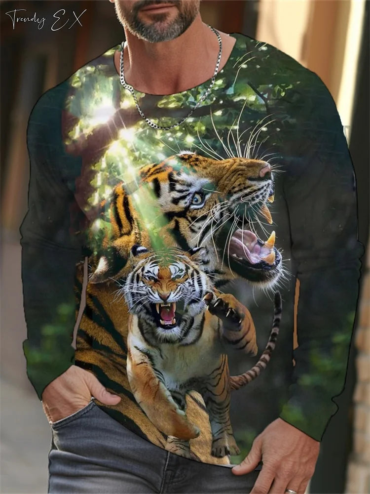 Men's T-Shirts 3D Tiger Print Streetwear Harajuku Fashion O-Neck Graphic T Shirts Tops Casual Sport Long Sleeve Gym Clothing Men