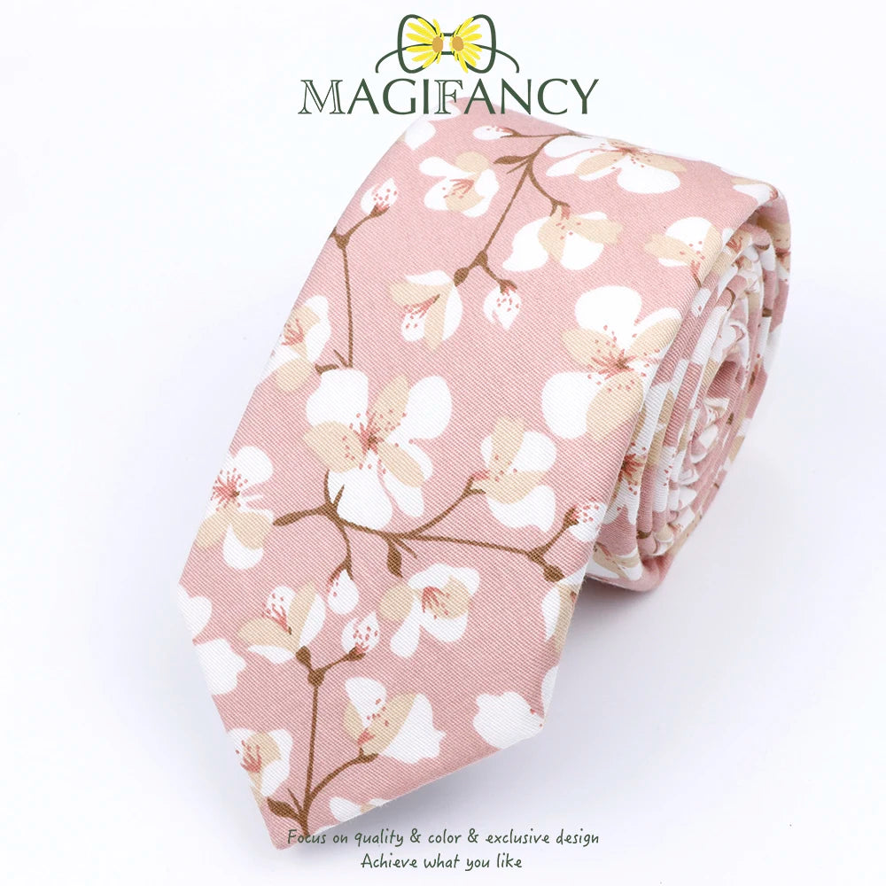 Top Hot Print Floral 6.5cm Necktie 100% Cotton Elegant Beige Sage Pink Men Wedding Party Daily Suit Shirt Cravat Gift Accessory