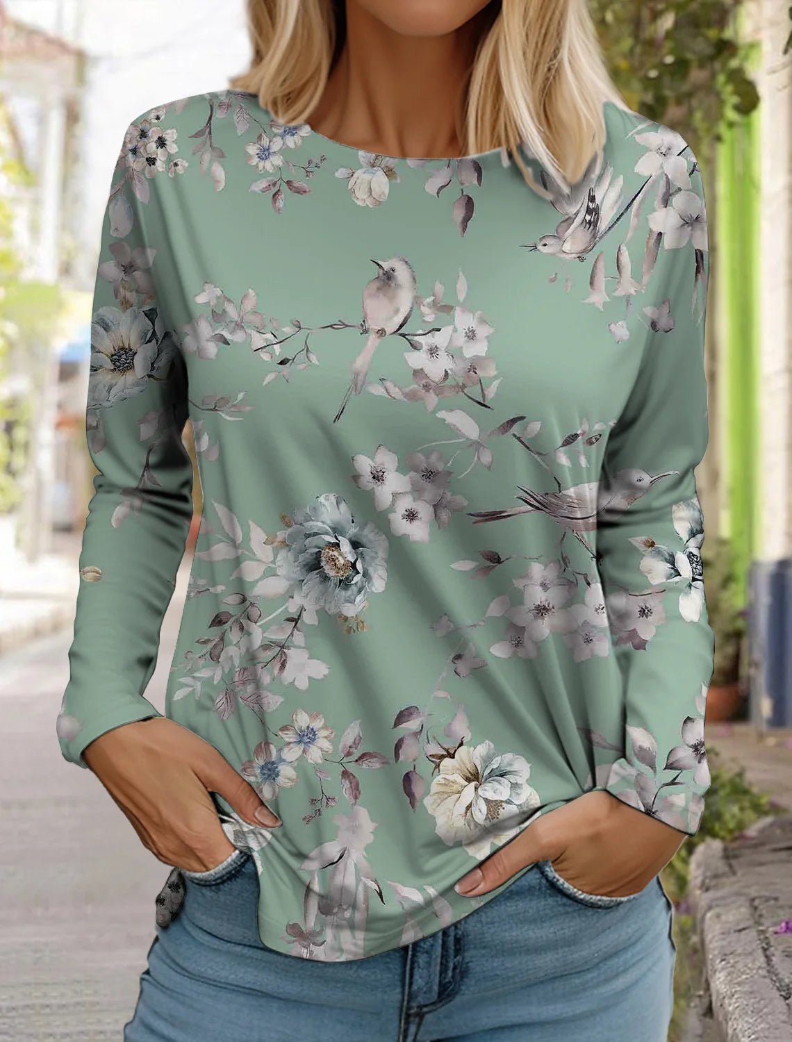 Women's white long-sleeved tops round neck casual tops 3d printed flowers fashion stickers printed women's long-sleeved T-shirt