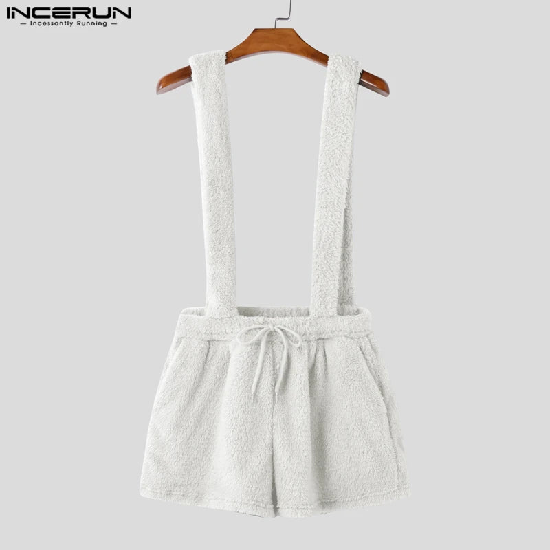 INCERUN 2025 American Style Short Overalls Men Fashion Casual Suede Design Streetwear Hot Selling Jumpsuits Summer Solid Rompers