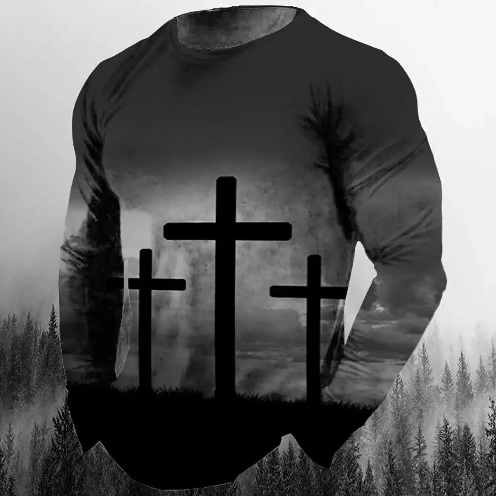 Fashion Casual Men's Long Sleeve T-Shirt 3d Printed Retro Jesus Christ Street Personality Loose O Collar Harajuku Oversized Top