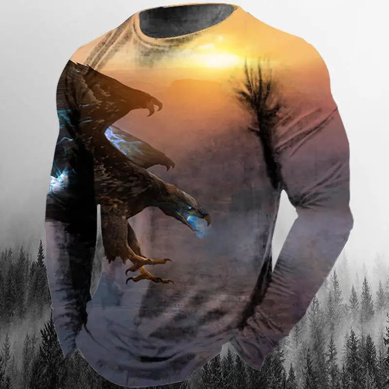 3D Animal Print Hip Hop Men's Tops T-Shirt 2024 New Men's Eagle Print Graphic Casual Long Sleeve T-Shirt Autumn Streetwear