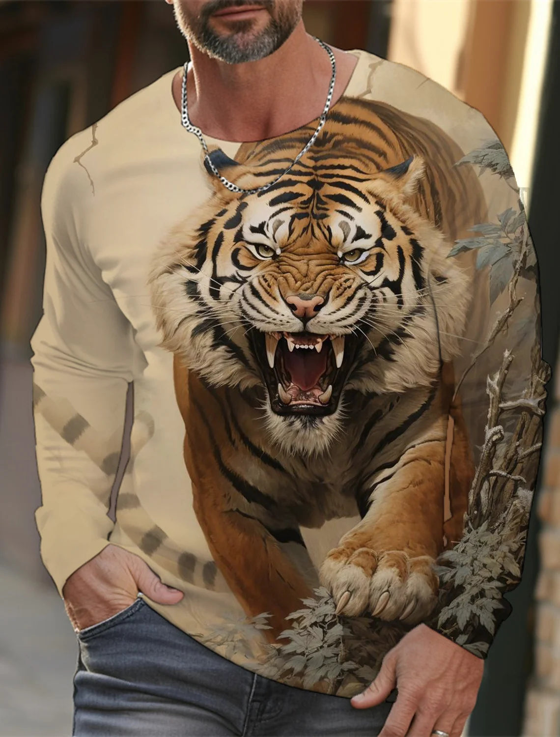 2024 new men's Ukiyoe long-sleeved T-shirt 3D printed high-definition tiger print men's autumn tops casual round neck T-shirt