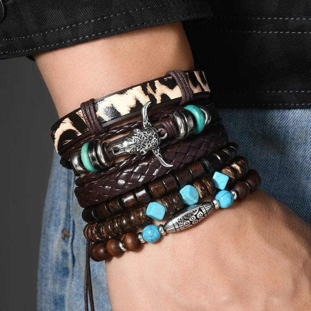 Bohemia Ethnic Leather Men’s Bracelets Vintage Bull Head Multi Layer Cowhide Wooden Beaded Leather Bracelets Gifts