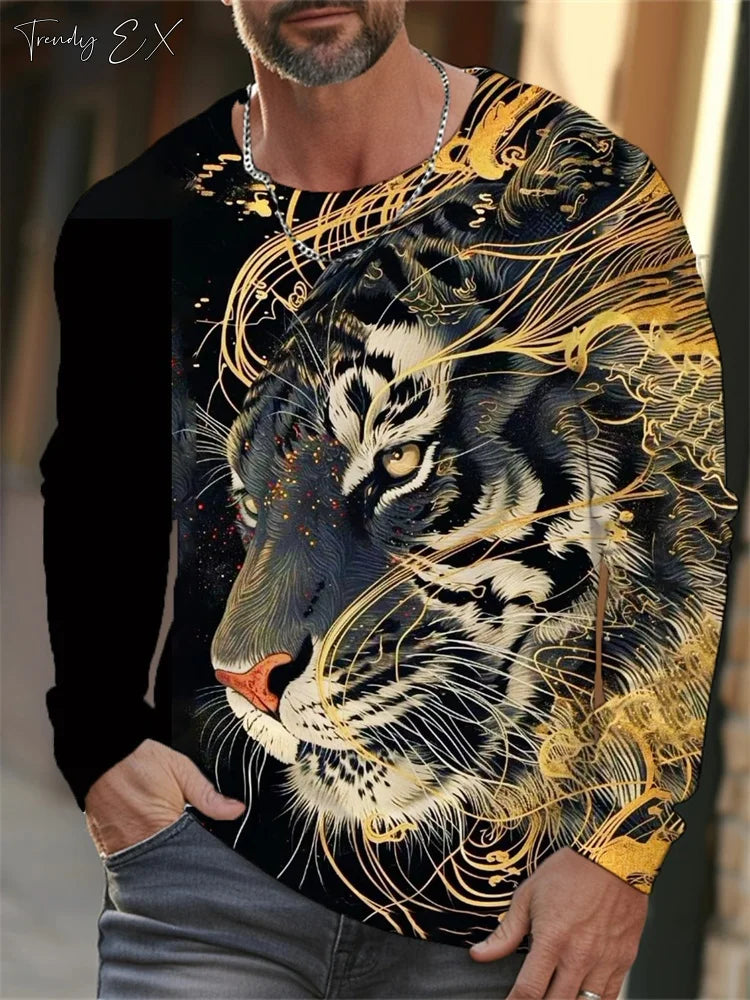 Men's T-Shirts 3D Tiger Print Streetwear Harajuku Fashion O-Neck Graphic T Shirts Tops Casual Sport Long Sleeve Gym Clothing Men