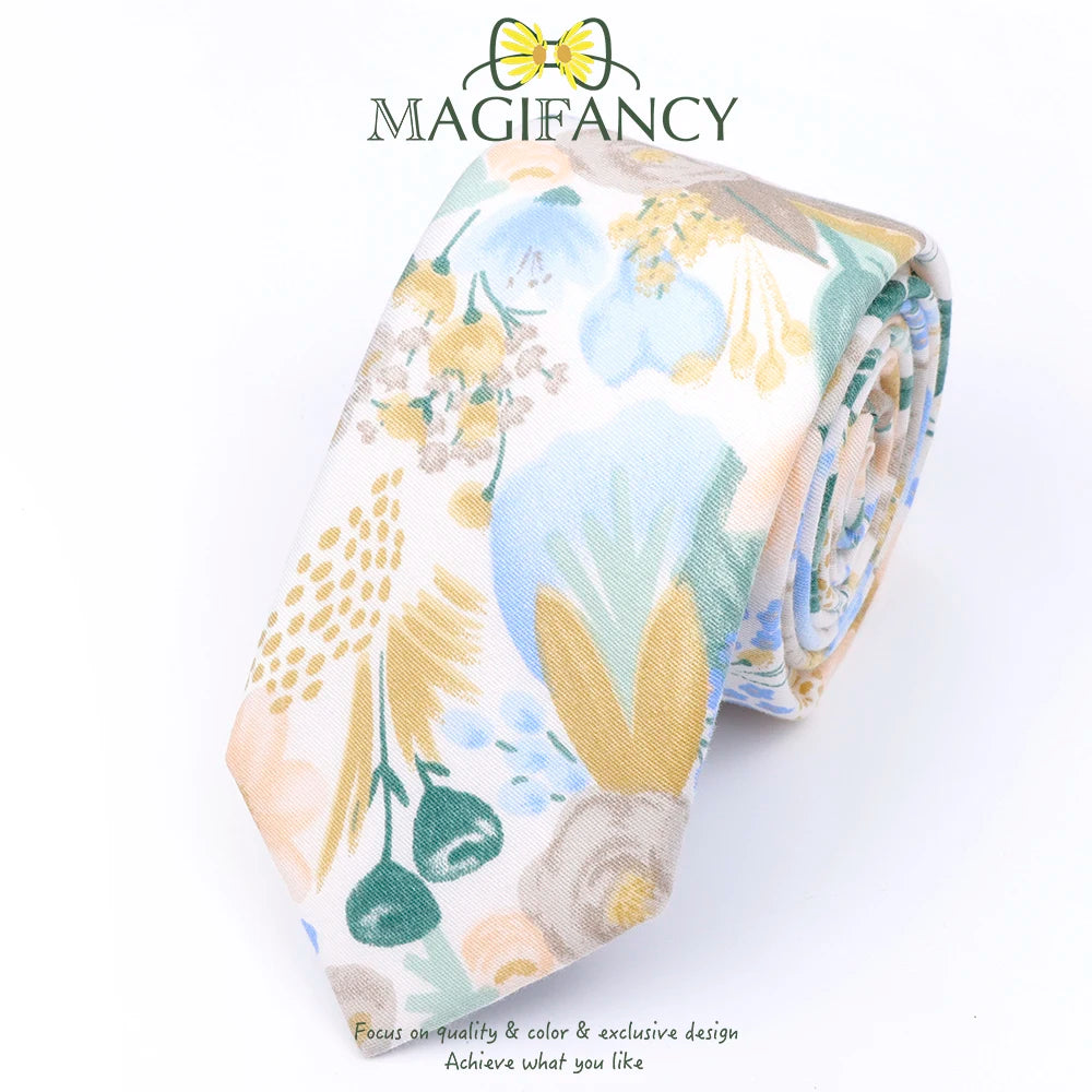 Top Hot Print Floral 6.5cm Necktie 100% Cotton Elegant Beige Sage Pink Men Wedding Party Daily Suit Shirt Cravat Gift Accessory