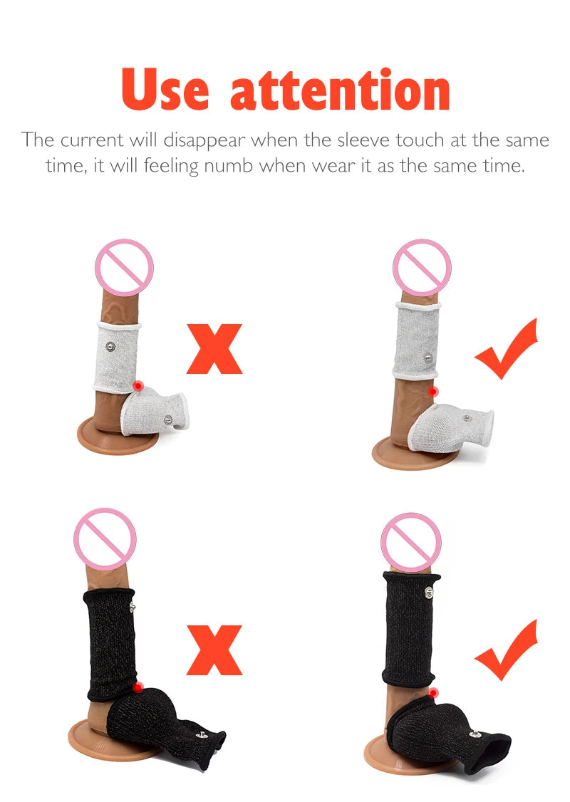 BDSM Electro Shock Conductive Fiber Penis Sleeve E-stim Scrotum Rings Electric Play Cock Therapy Enlargement Male Sex Products