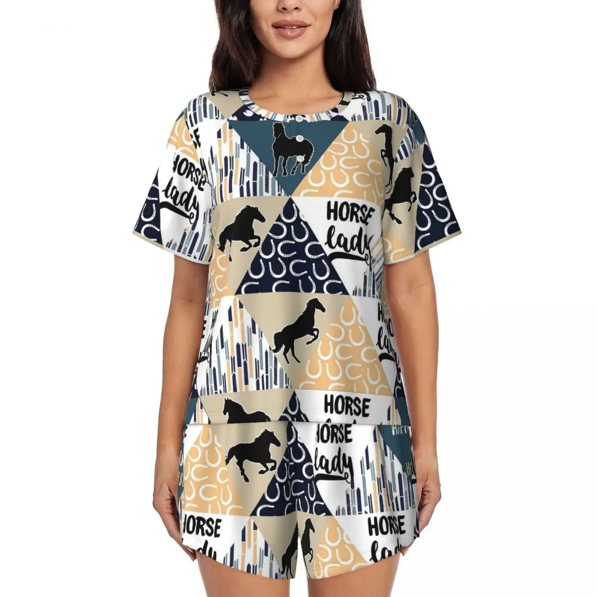 Horse Race Pajamas Summer 2 Pieces 1930s Classic Art Cute Pajama Sets Womens Short-Sleeve O Neck Night Pattern Sleepwear
