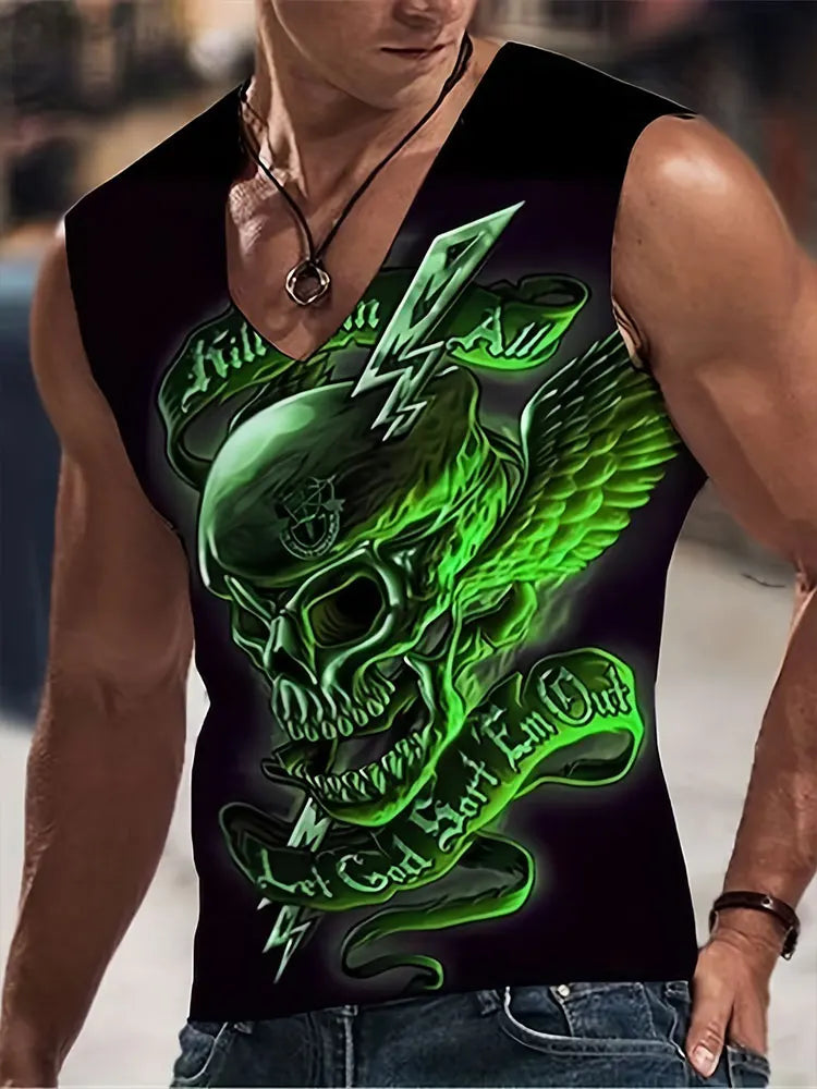 2024 New Summer Everyday Street Men's Tank Top Outdoor Beach Casual Men's Sleeveless T-shirt Eagle Print Men's V-neck Tank Top