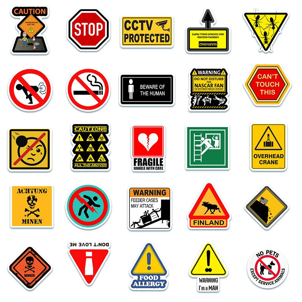 50pcs Funny Warning Stickers Danger Banning Sign Viny Decal Car Scooter Motorcycle Suitcase Violation Sticker Classic Toy