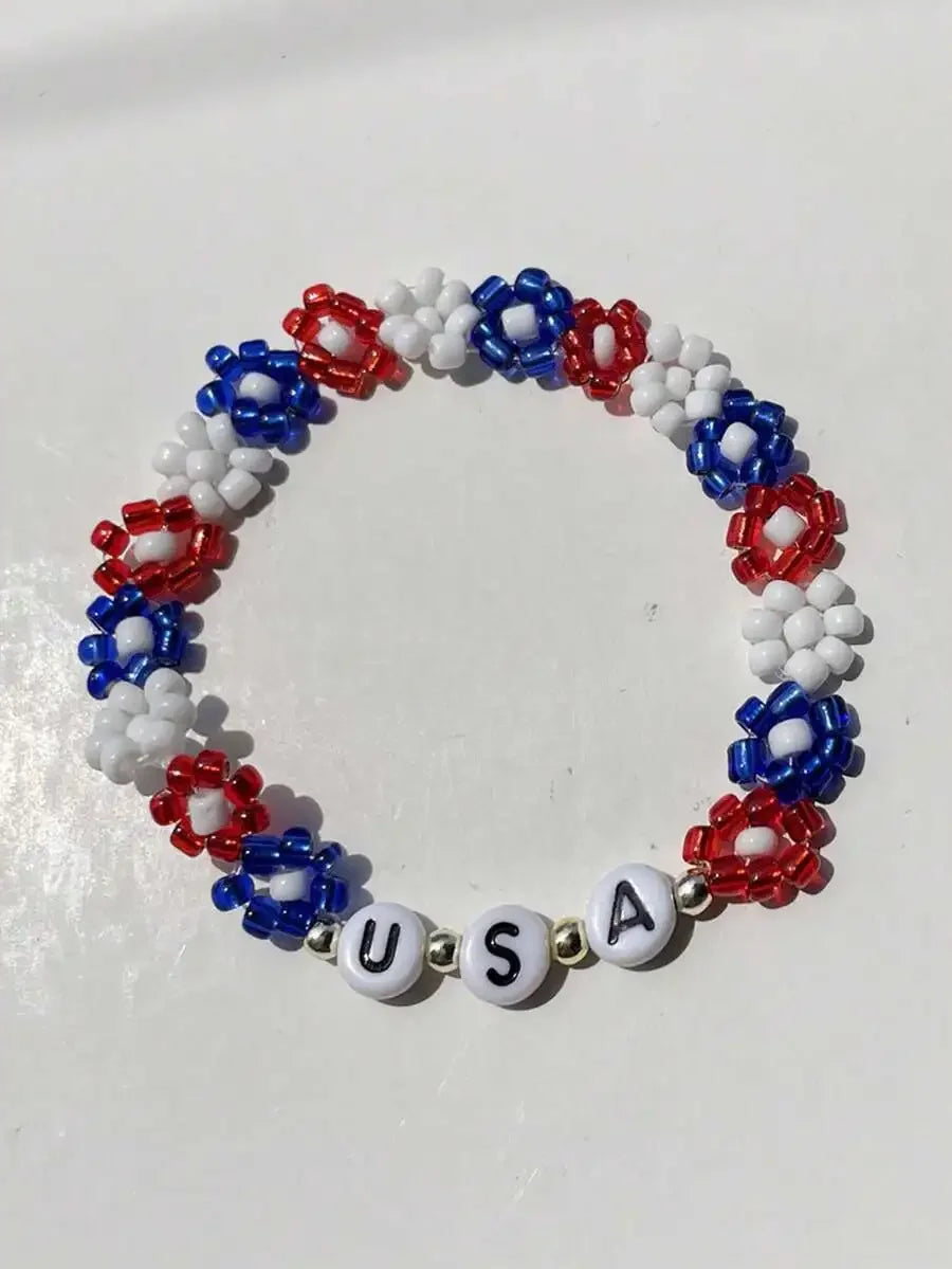3pcs Red White Blue Beaded Bracelet Set With Star And USA Letter Charms For Women Independence Day