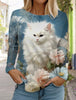 2024 Autumn and Winter Women's Long Sleeve 3D Printed Kitten Cute Print T-Shirt Women's Streetwear Round Neck Long Sleeve