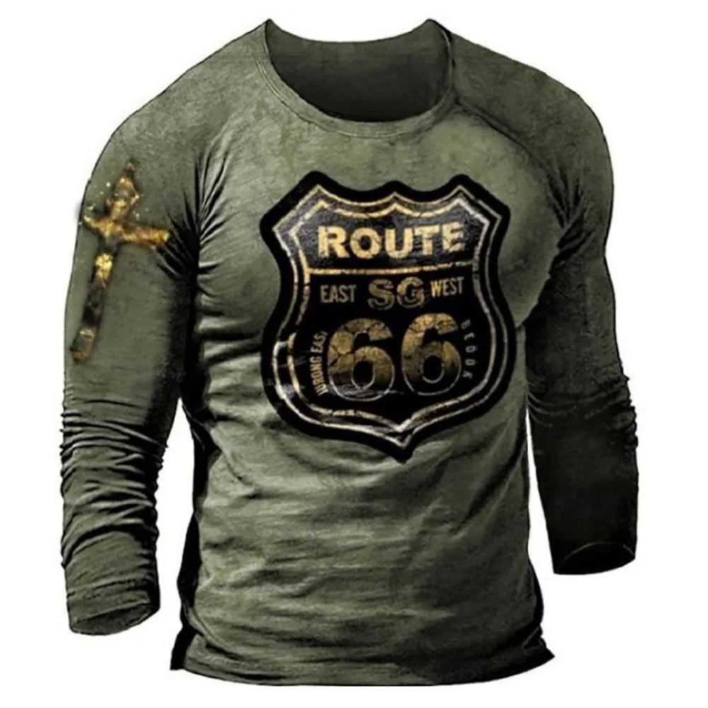 2024 Men's T-shirts Long Sleeve 3d Print Top Casual Cotton Vintage T Shirt Vintage Route 66 Tee Loose Sports O-neck Clothing 5xl