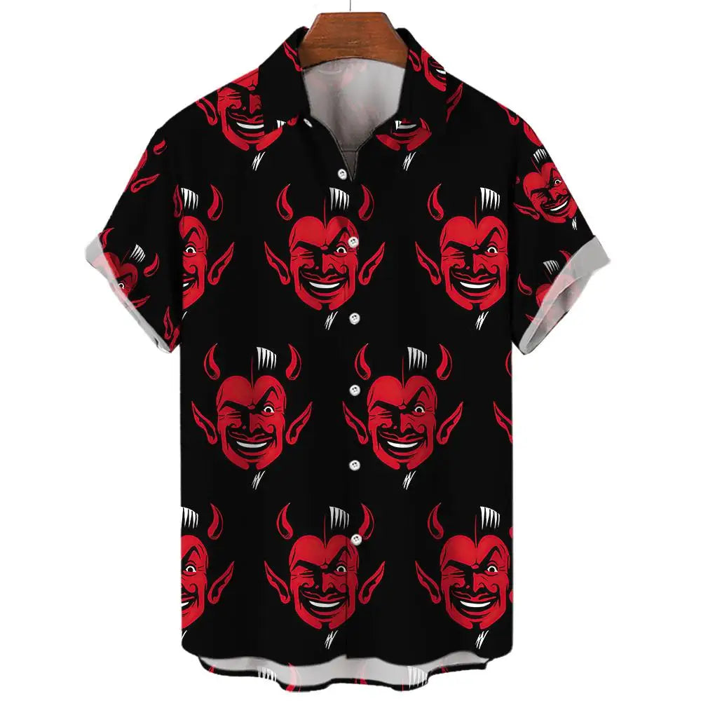 Summer Mens Hawaiian Casual Collar Shirts Short Sleeve Button Skeleton Demon Print Beach Floral Fashion Vintage Clothing XS-5XL