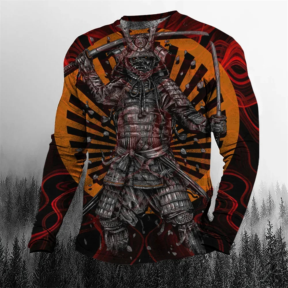 2024 Fall Cool Vintage Samurai 3D Printed Men's T-shirt O-Neck Casual Men's Clothing Oversized Cartoon Long Sleeve Tops