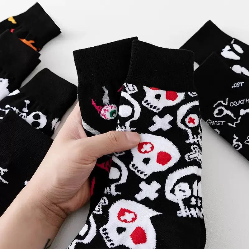 1/8 Pairs Unisex Halloween Printed Mid Tube Socks Fashionable Skull Pumpkin Sweat Absorbing Breathable All Season Casual Socks