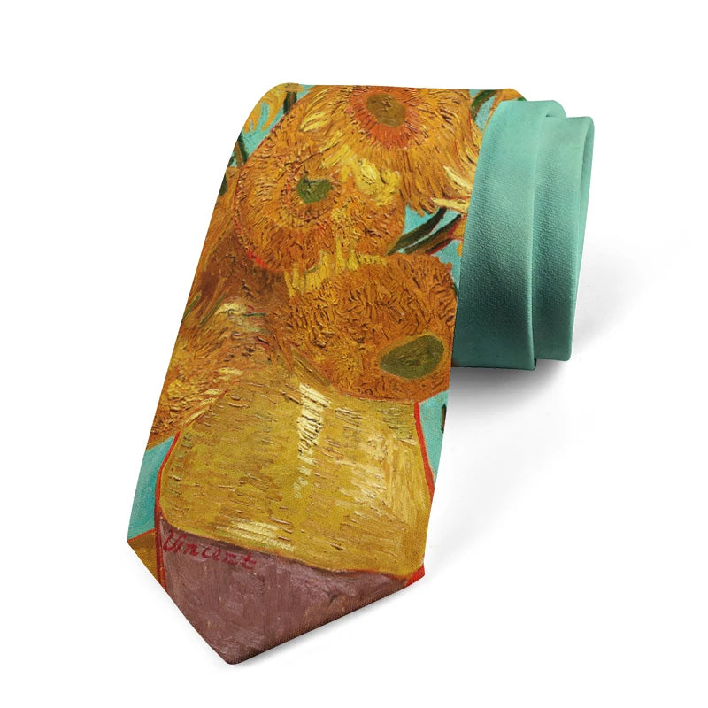 Retro art oil painting floral print tie fashion business wedding casual party tie unisex polyester tie shirt accessories