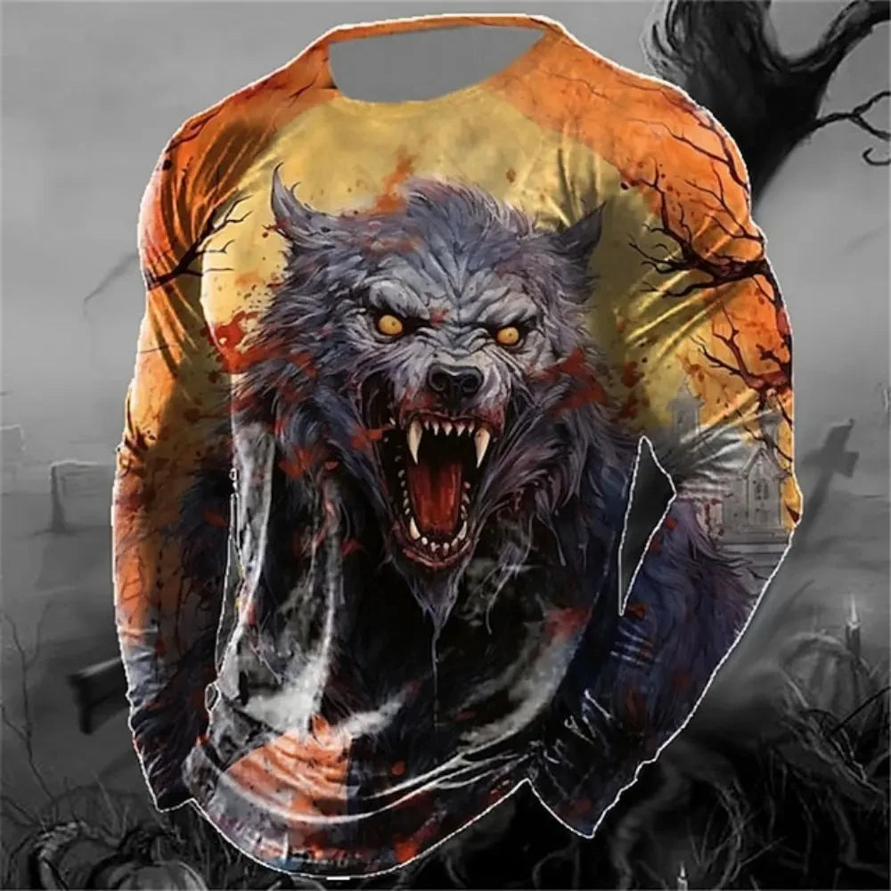 Men's Long Sleeve T-shirt Winter 3D Animal Print T Shirts Street Fashion Wolf Pattern Tops Tees Oversized Men's Clothing