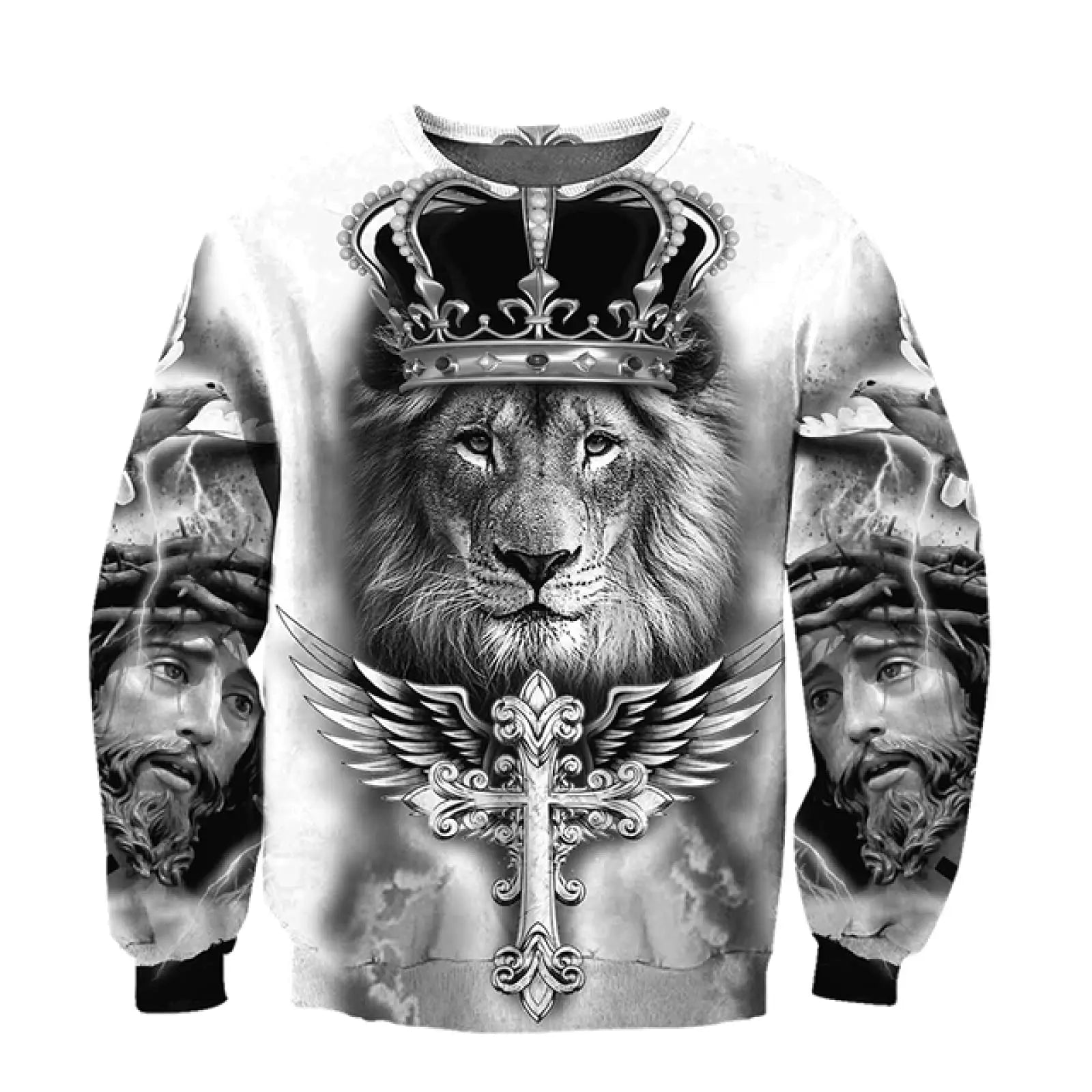 Men's Personalized Fierce Lion Animal Print Casual Sweatshirt Fashion Round Neck Pullover Sweatshirt Polyester Fabric Loose Fit