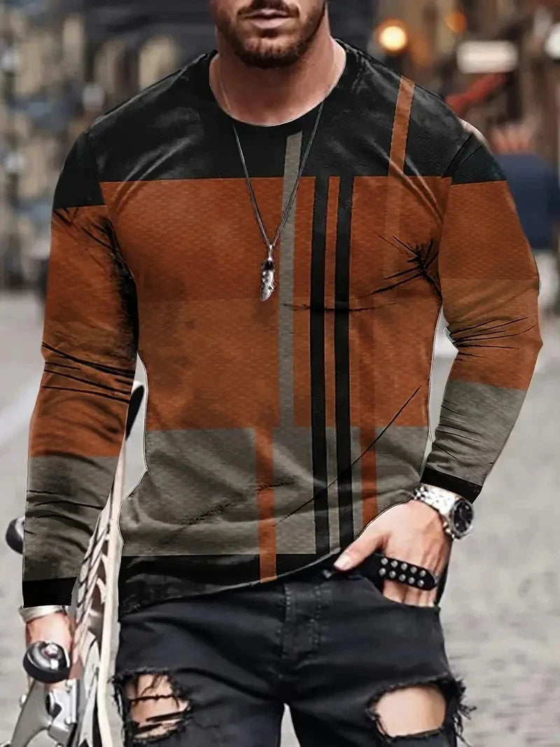 Men's Long Sleeve Retro 3D Print Color Block Print Vintage Novelty T-shirt Stylish Tees For Autumn Mens Clothing