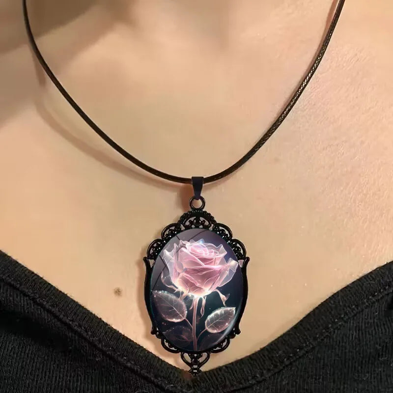 Charm Pink Flower Pendant Necklace Rose Pattern Glass Ellipse - A niche style suitable for Romantic Gifts and Special Occasions