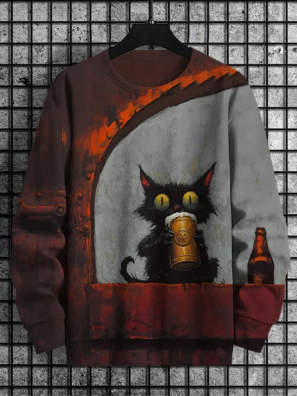 Men's Retro Animal Kitten Printed Casual Sweatshirt Fashion Round Neck Pullover Sweatshirt Polyester Fabric 2025 New