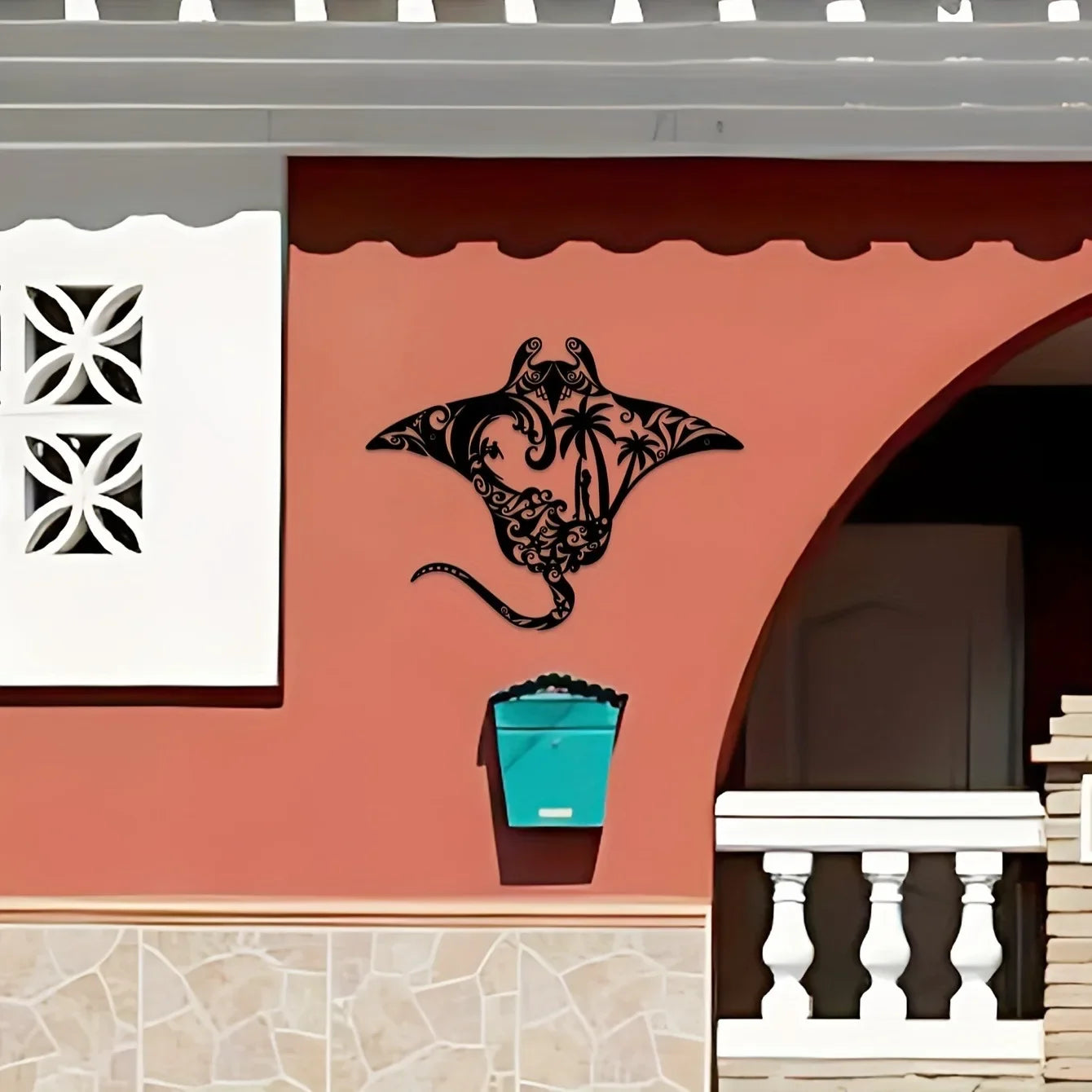 Coastal Charm Metal Manta Ray Wall Art - Beach-Themed Decor With Surfboard, Waves, Starfish & Palm Silhouette For Living Room