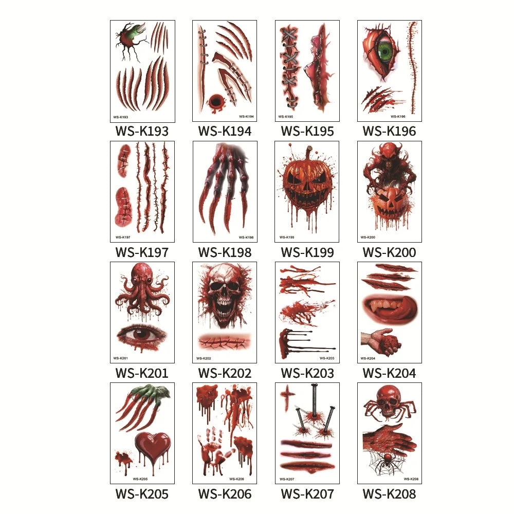 Halloween Big Scars 3D Tattoo Temporary Bloody Marks Skull Disposable Party Makeup Horrible Body Art Festival Sticker Waterproof