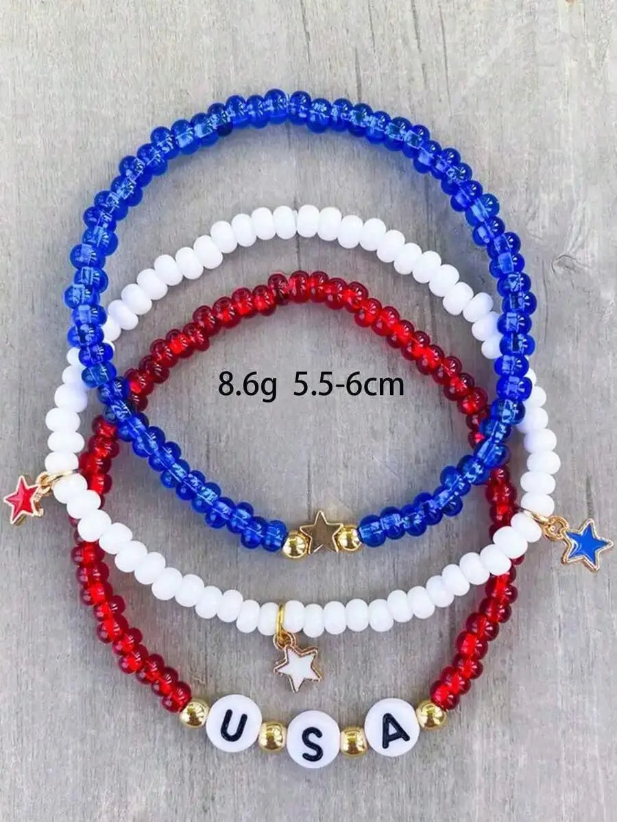 3pcs Red White Blue Beaded Bracelet Set With Star And USA Letter Charms For Women Independence Day