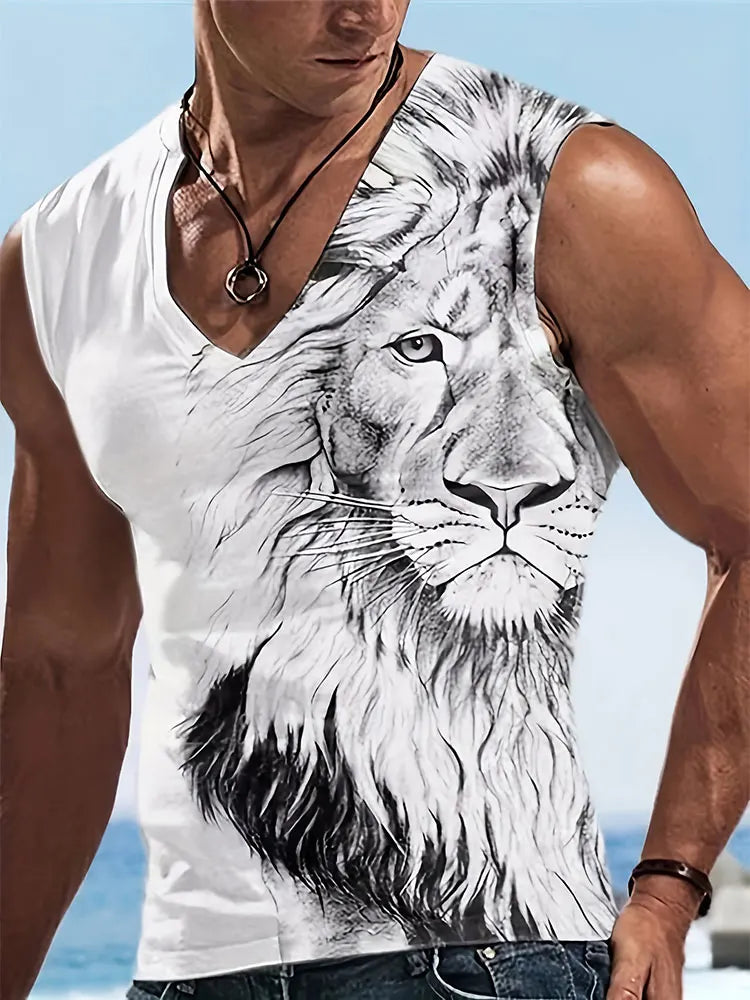 2024 New Summer Everyday Street Men's Tank Top Outdoor Beach Casual Men's Sleeveless T-shirt Eagle Print Men's V-neck Tank Top