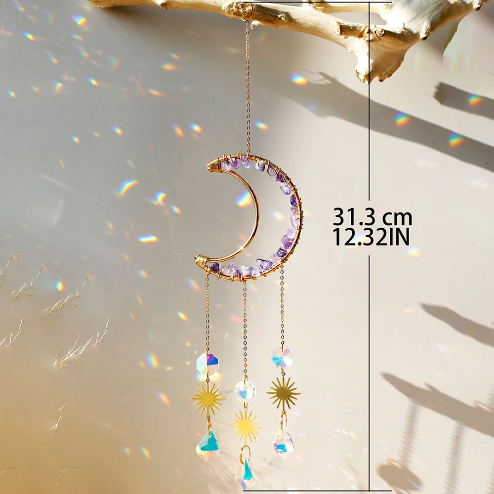 Amethyst Suncatcher Moon Crystal Gemstone Windchime Sun Catcher Home Decor Rainbow Crystal Window Yard Garden Decoration Outdoor