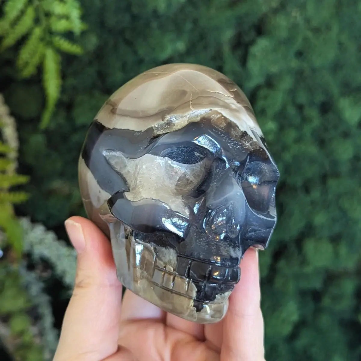 1pc Handmade Brown Color Agate Crystal Skull | Green UV Reactive, Polished & Smooth | Perfect Home Decoration Art Ornament