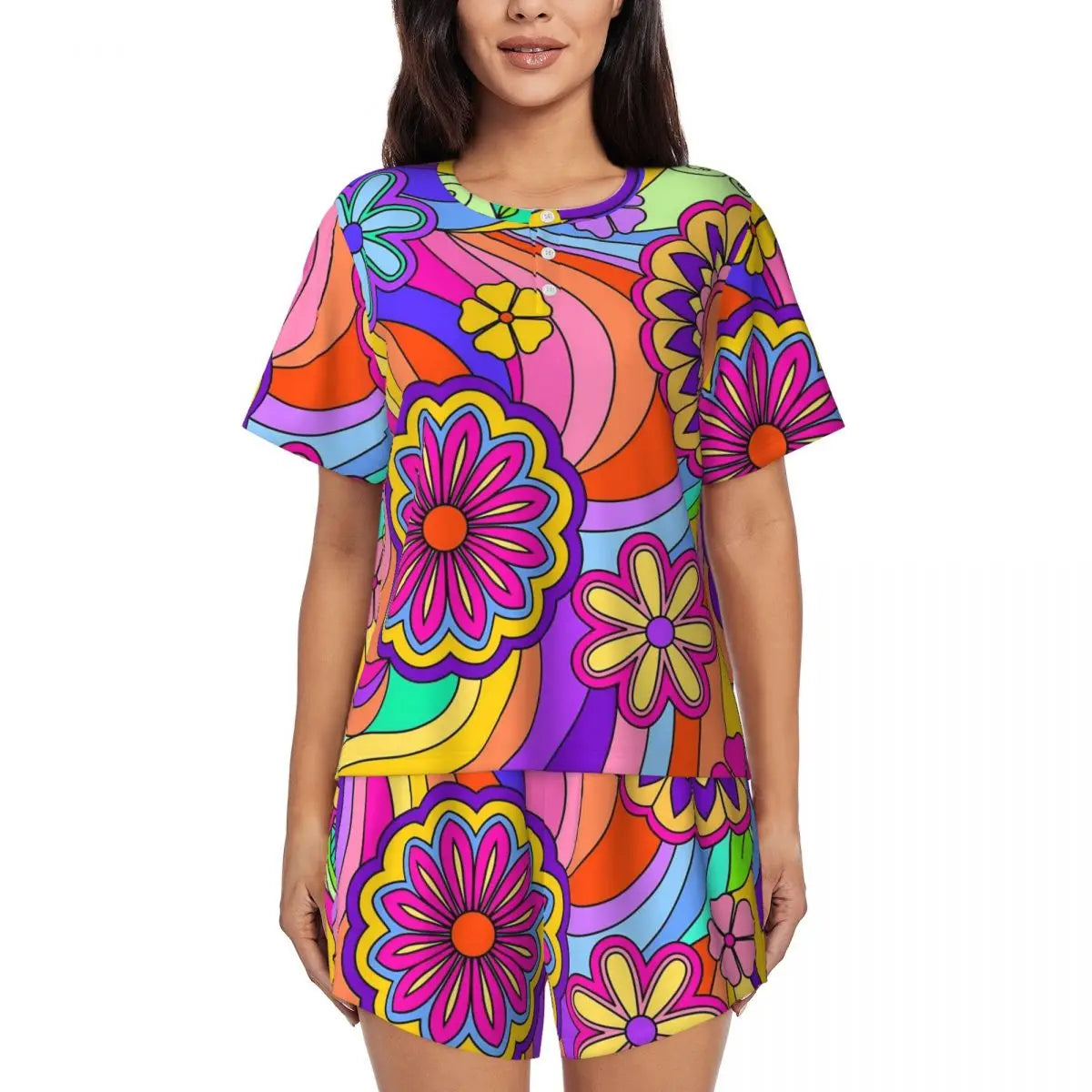 Flower Power Pajamas Spring 2 Pieces Purple Hippie Cute Pajama Sets Lady Short Sleeve O Neck Casual Custom Nightwear
