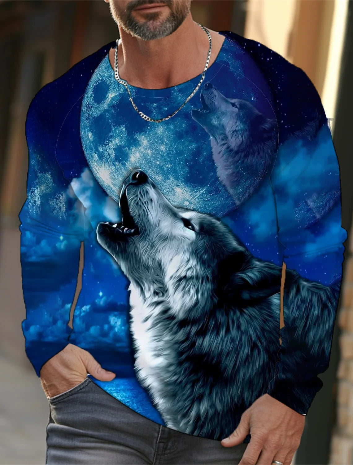 2024 Men's Summer Long Sleeve 3d Printed Wolf Print T-Shirt Tops Men Streetwear Clothing Round Neck Graphic Long Sleeve T-Shirt