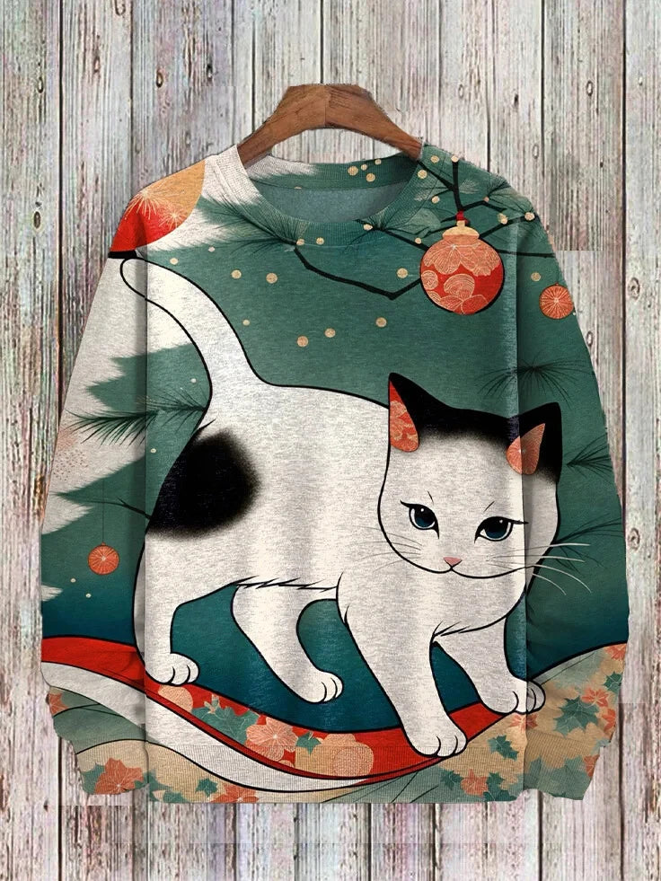 Men's Winter Skiing Animal Kitten Printed Casual Sweatshirt Fashion Round Neck Pullover Sweatshirt Polyester Fabric 2025 New