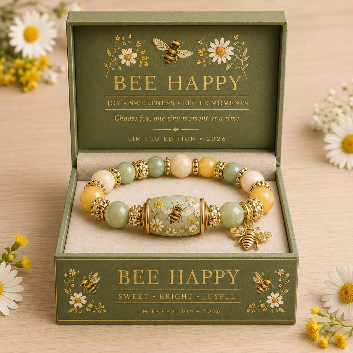 BEE HAPPY Healing Daisy Beaded Bracelet for Women Yellow Green Charm Elastic Wrist Jewelry Nature Inspired Sweet Gift for Her