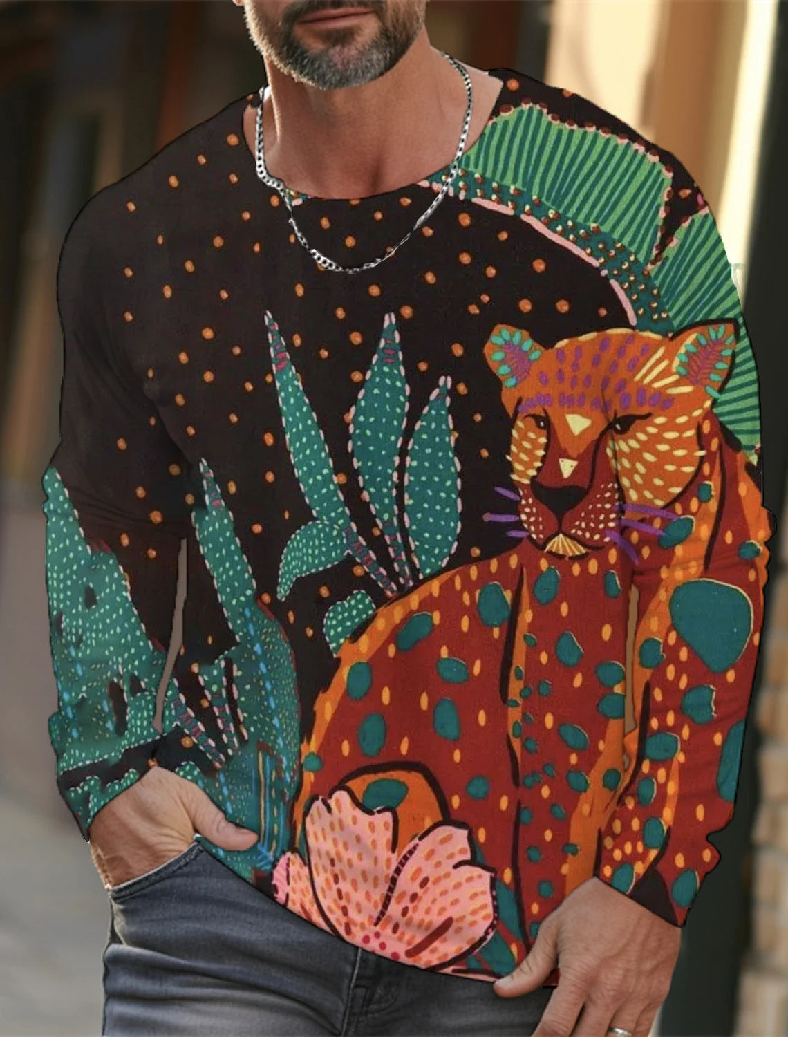Men's long-sleeved T-shirt 3D printing HD leopard print men's long-sleeved T-shirt autumn tops casual round neck home clothes