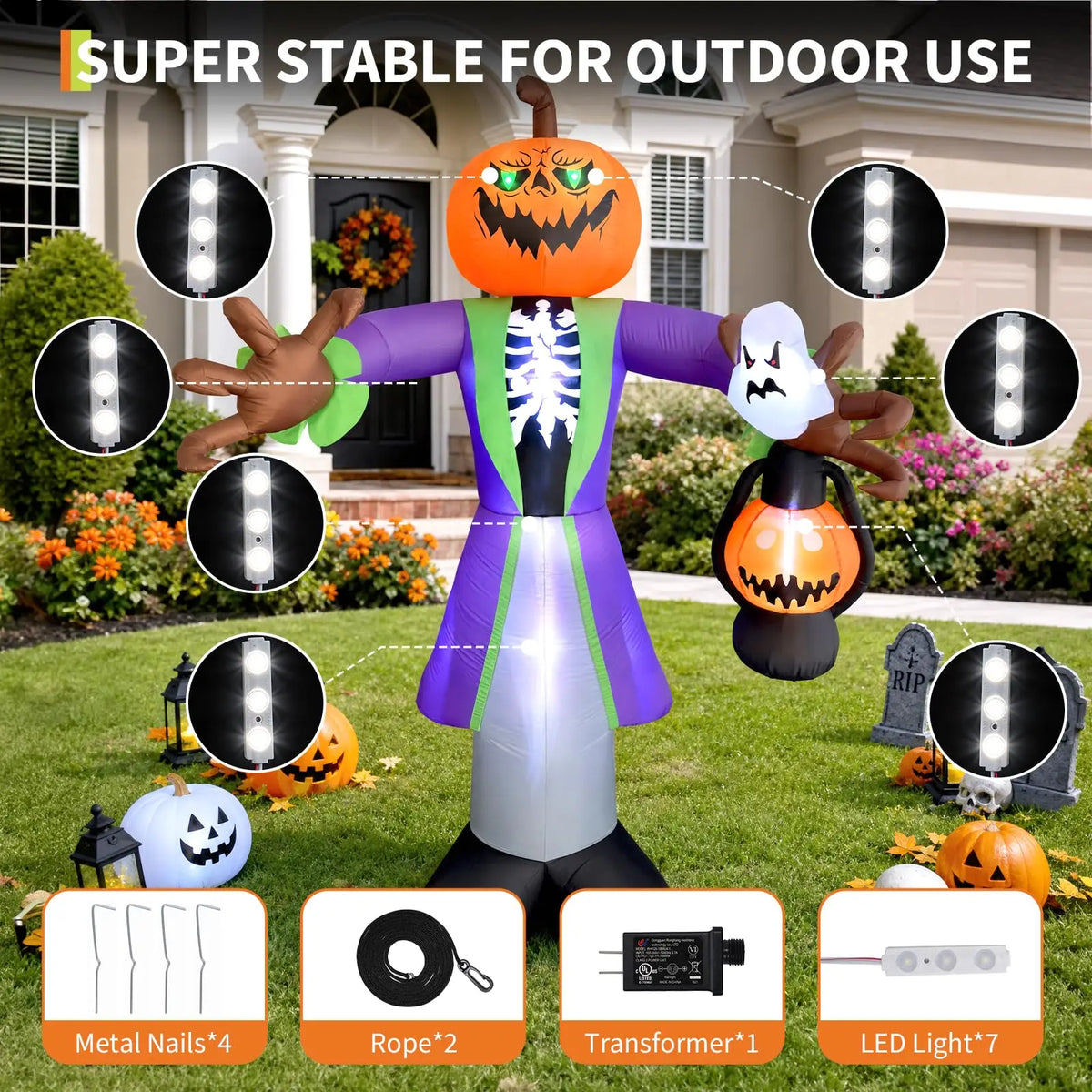 8ft Outdoor Lighted Halloween Inflatable Pumpkin Zombie with LED Lantern