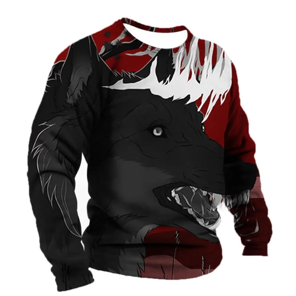 Men's Long Sleeve T-shirt Winter 3D Animal Print T Shirts Street Fashion Wolf Pattern Tops Tees Oversized Men's Clothing