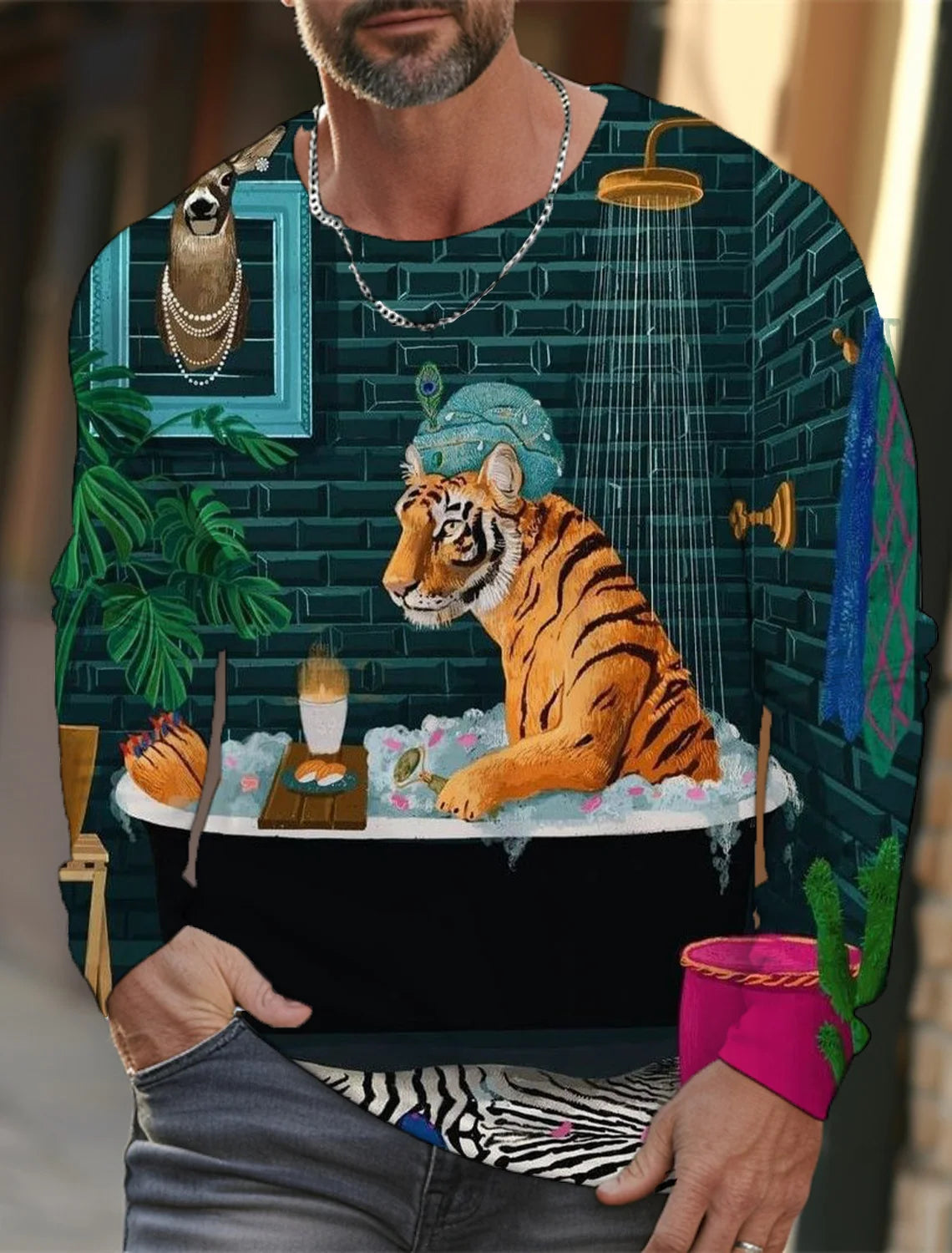 Men's long-sleeved T-shirt 3D printing HD leopard print men's long-sleeved T-shirt autumn tops casual round neck home clothes