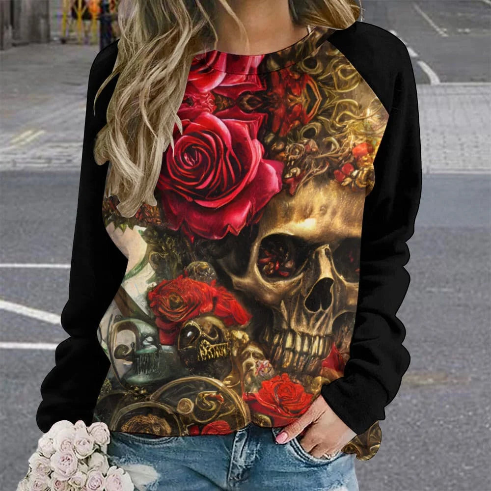2024 New Women Halloween Crow Printed Casual Sweatshirt Round Neck Casual Basic Loose Fashion Women Designer Style