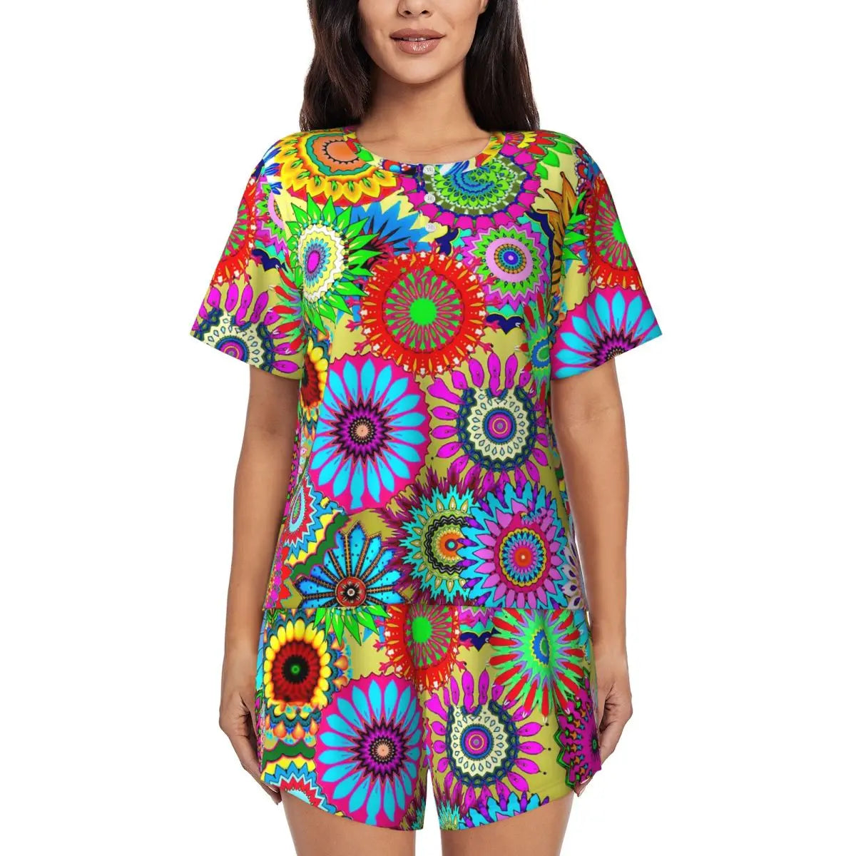 Flower Power Pajamas Spring 2 Pieces Purple Hippie Cute Pajama Sets Lady Short Sleeve O Neck Casual Custom Nightwear