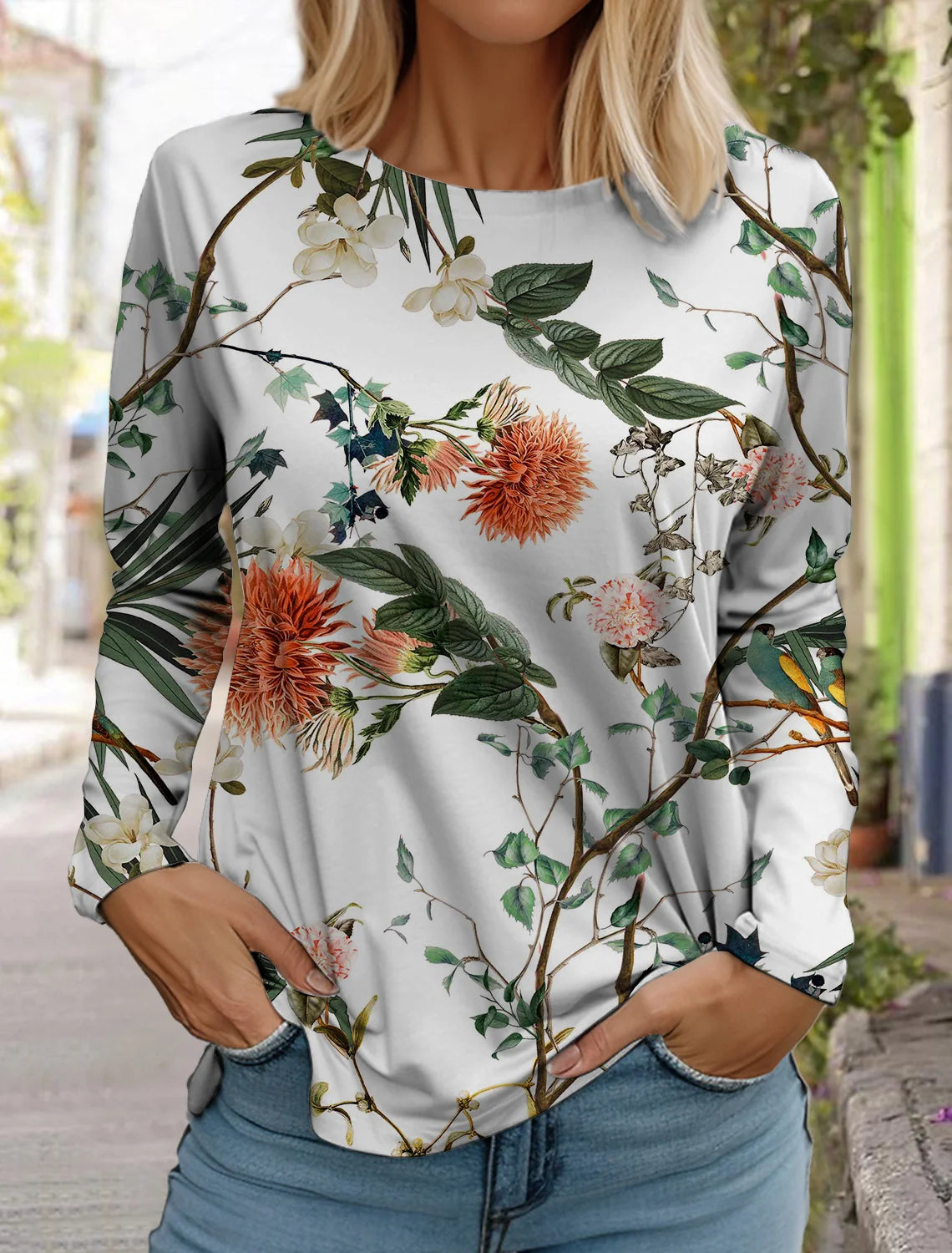 Women's white long-sleeved tops round neck casual tops 3d printed flowers fashion stickers printed women's long-sleeved T-shirt