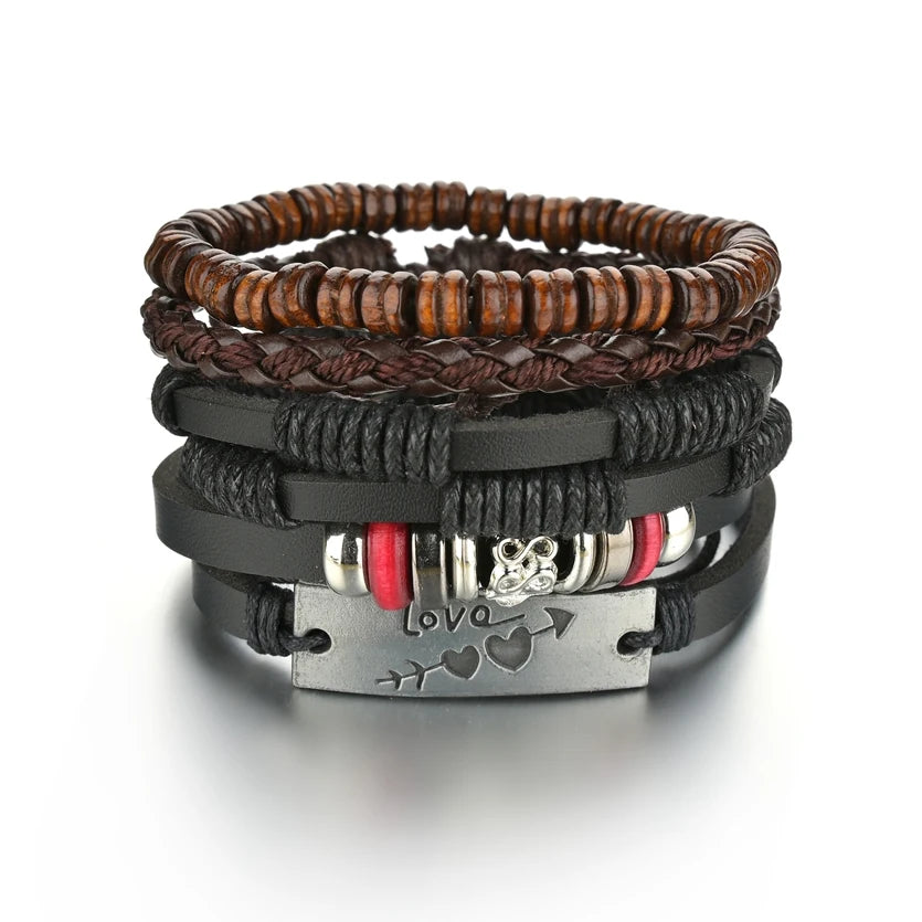 New Trendy Retro 4pcs/Set Bracelets & Bangles Men's Multilayer Black Leather Jewelry Charm Pulseiras Boyfriend Wristband